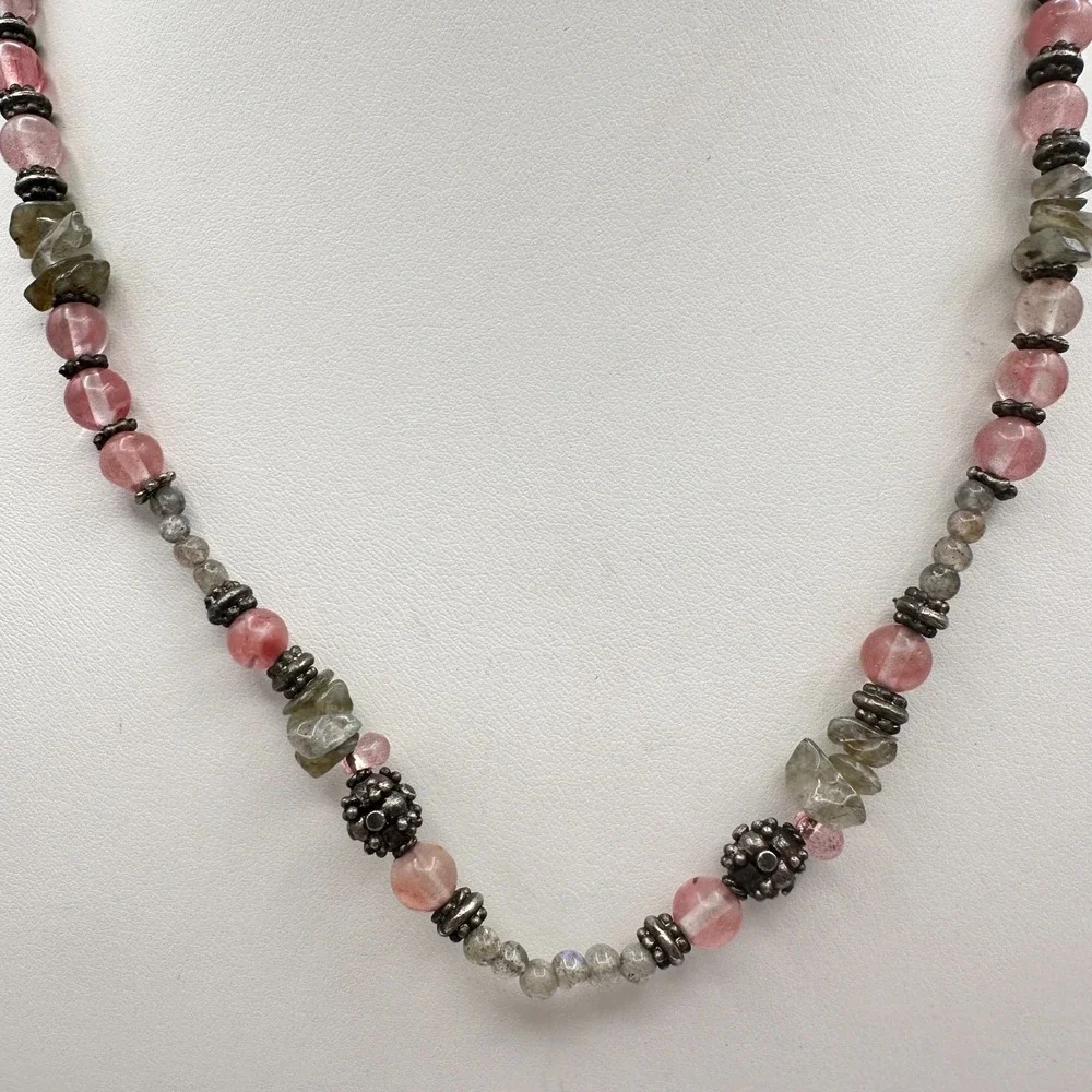 Vintage 90s Strawberry Quartz Labradorite Beaded‎ Necklace Boho Women's Jewelry